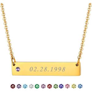 U7 Engravable Bar Necklace, Womens Choker Necklace Stainless Steel Custom Engrave Text Horizontal/Vertical Bar Pendant Necklaces for Men Women(Horizontal Bar-Gold(Text+Birthstone))