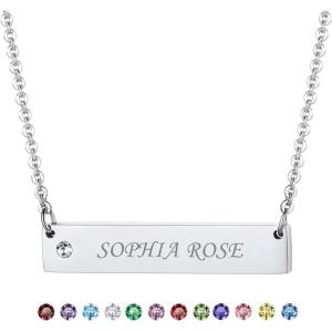 U7 Engravable Bar Necklace, Womens Choker Necklace Stainless Steel Custom Engrave Text Horizontal/Vertical Bar Pendant Necklaces for Men Women(Horizontal Bar-Stainless(Text+Birthstone))