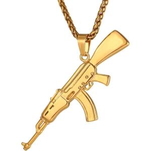 U7 Men Necklace Cool Rifle Shape Pendant & Chain Silver/Black/18K Gold Plated Rock Army Style Fanshion Necklace Jewelry Chain for Men(c.gold-a47)