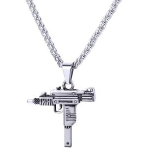 U7 Men Necklace Cool Rifle Shape Pendant & Chain Silver/Black/18K Gold Plated Rock Army Style Fanshion Necklace Jewelry Chain for Men(g.silver-uzi)