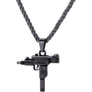 U7 Men Necklace Cool Rifle Shape Pendant & Chain Silver/Black/18K Gold Plated Rock Army Style Fanshion Necklace Jewelry Chain for Men(h.black-uzi)