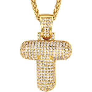 U7 Pendant Mens Hip Hop Jewelry Platinum/18K Gold Plated Lab Diamond Letter Necklaces Custom Number Chain Intials Name Necklaces(Letter T)