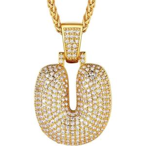 U7 Pendant Mens Hip Hop Jewelry Platinum/18K Gold Plated Lab Diamond Letter Necklaces Custom Number Chain Intials Name Necklaces(Letter U)