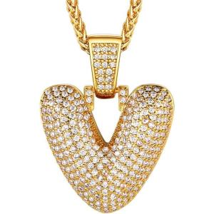 U7 Pendant Mens Hip Hop Jewelry Platinum/18K Gold Plated Lab Diamond Letter Necklaces Custom Number Chain Intials Name Necklaces(Letter V)