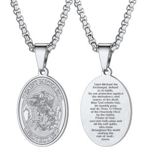 U7 Polished Oval Saint Michael Necklace Customized Engrave on Pendant Loop Stainless Steel Biblical Archangel Jewelry for Men and Women, with Gift Box