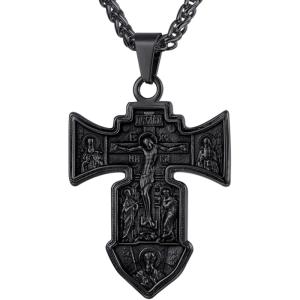 U7 Russian Orthodox Cross Pendant/Praying Hands/Ichthys Sign for Men Women Stainless Steel 18K Gold Plated Jesus Pendant Christian Religious Necklaces, Length 22″ Silver Black Gold(02 Orthodox Cross/Black)