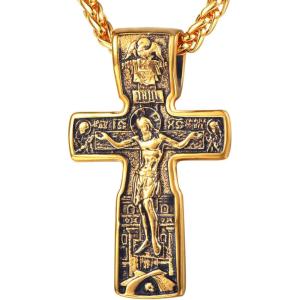 U7 Russian Orthodox Cross Pendant/Praying Hands/Ichthys Sign for Men Women Stainless Steel 18K Gold Plated Jesus Pendant Christian Religious Necklaces, Length 22″ Silver Black Gold(J:Church Crucifix Gold)