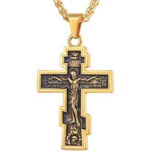 U7 Russian Orthodox Cross Pendant/Praying Hands/Ichthys Sign for Men Women Stainless Steel 18K Gold Plated Jesus Pendant Christian Religious Necklaces, Length 22″ Silver Black Gold(01 Orthodox Cross/Gold)