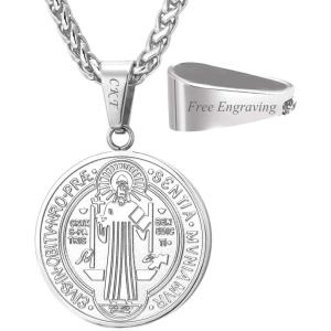 U7 Saint Benedict Medal Pendant Cross Christian Jewelry Stainless Steel Round Coin Cathoic Necklace with Personalized Text, Gift for Men Women