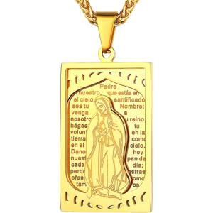 U7 Virgin Mary Necklace 18K Gold Plated Catholic Jewelry Dog Tag Pendant with 22 Inch Wheat Chain for Men Women