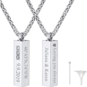 Urn Necklace for Ashes,Customized Stainless Steel or 18K Gold Plated Cremation Jewelry Memorial Keepsake Urn Lockets Pendant for Men Women -Waterproof & Gift Packed(Crystal 4-Sided Bar-Stainless)