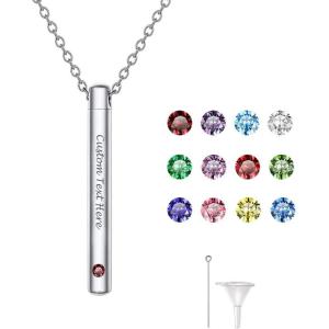 Urn Necklace for Ashes,Customized Stainless Steel or 18K Gold Plated Cremation Jewelry Memorial Keepsake Urn Lockets Pendant for Men Women -Waterproof & Gift Packed(Long Bar-stainless(text+birthstone))