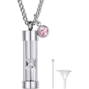 Urn Necklace for Ashes,Customized Stainless Steel or 18K Gold Plated Cremation Jewelry Memorial Keepsake Urn Lockets Pendant for Men Women -Waterproof & Gift Packed(Hourglass-stainless(Text+Birthstone))