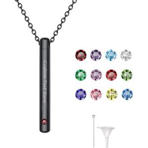 Urn Necklace for Ashes,Customized Stainless Steel or 18K Gold Plated Cremation Jewelry Memorial Keepsake Urn Lockets Pendant for Men Women -Waterproof & Gift Packed(Long Bar-Black(Text+Birthstone))
