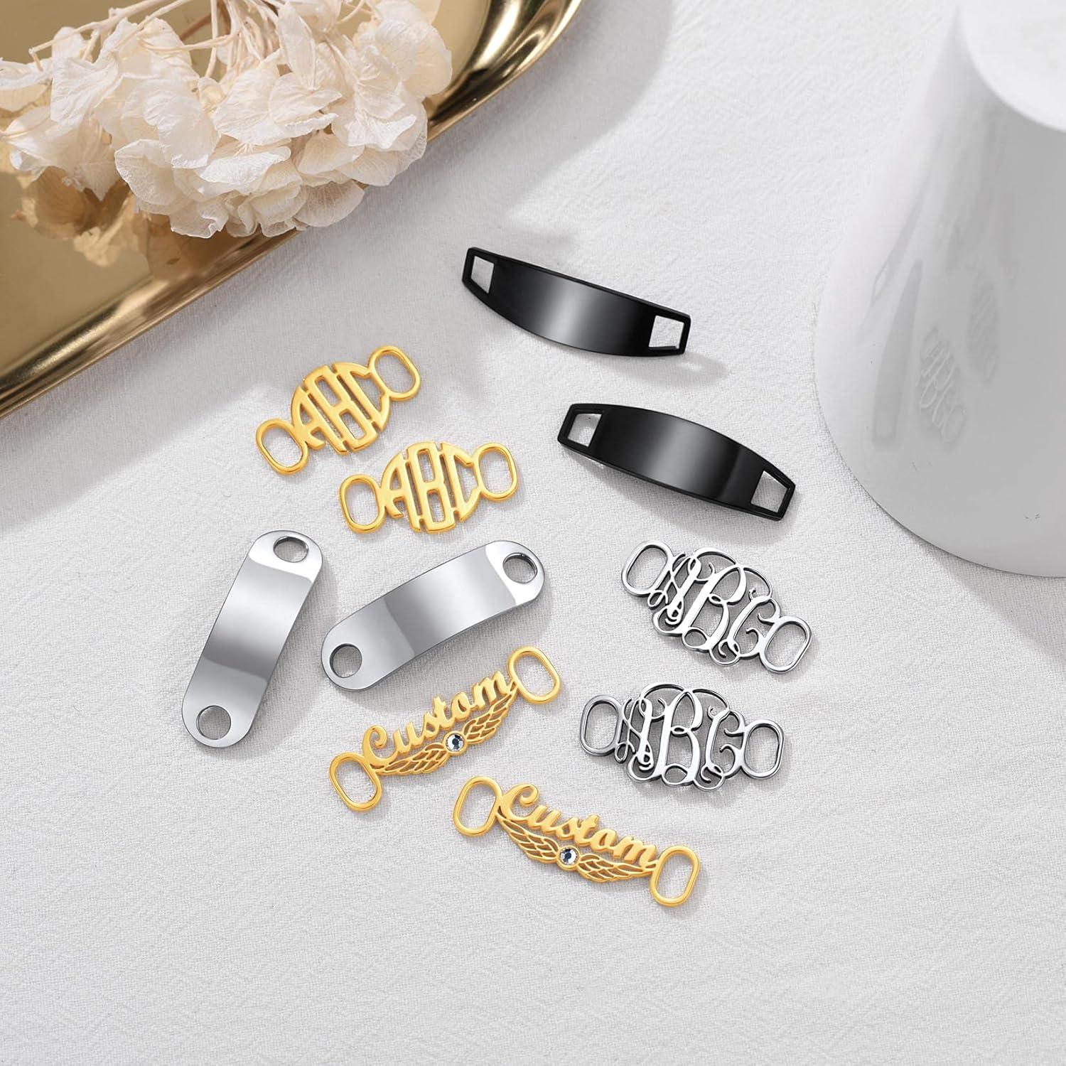 imageU7 2Pcs Sneaker Shoe Lace ID Tag Stainless Steel18K Gold Plated Trainer Tag Shoe Buckles Shoelace Decoration Charms02 BlackText Engrave ID Tag