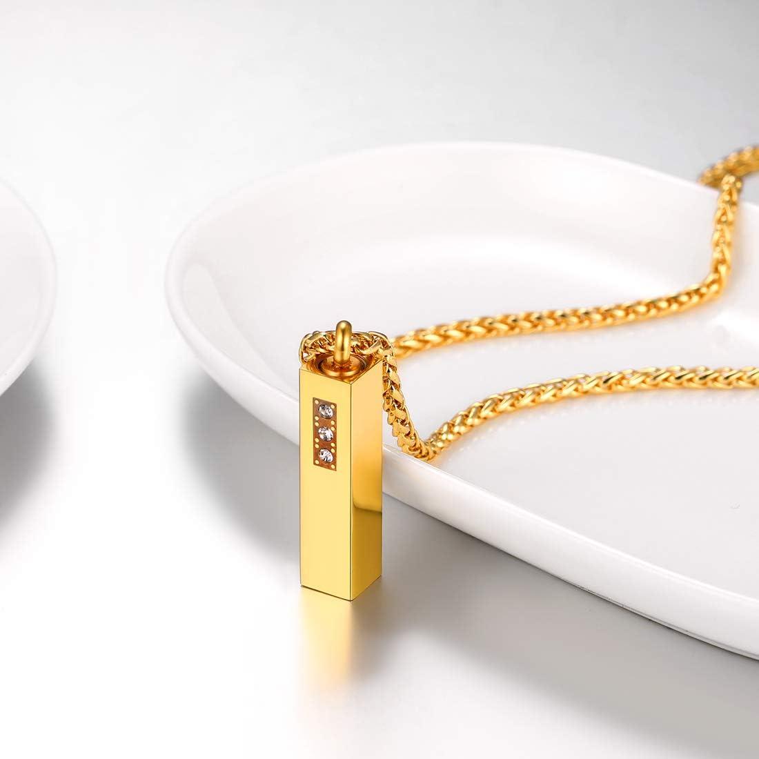 image4D Vertical Bar Necklace 18K Gold Plated Stainless Steel Wheat Chain 22 Rhinestone Inlaid Personalized Ashes Urn Pendant Necklace Cremation Jewelry for Men Women