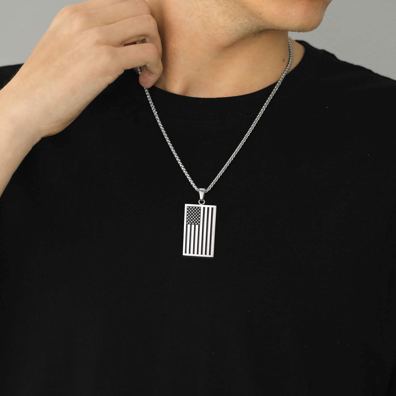 imageIndependance Day Necklace Stainless Steel Wheat Chain Personalized US 4th of July Flag Dog Tags Pendant for Men Women