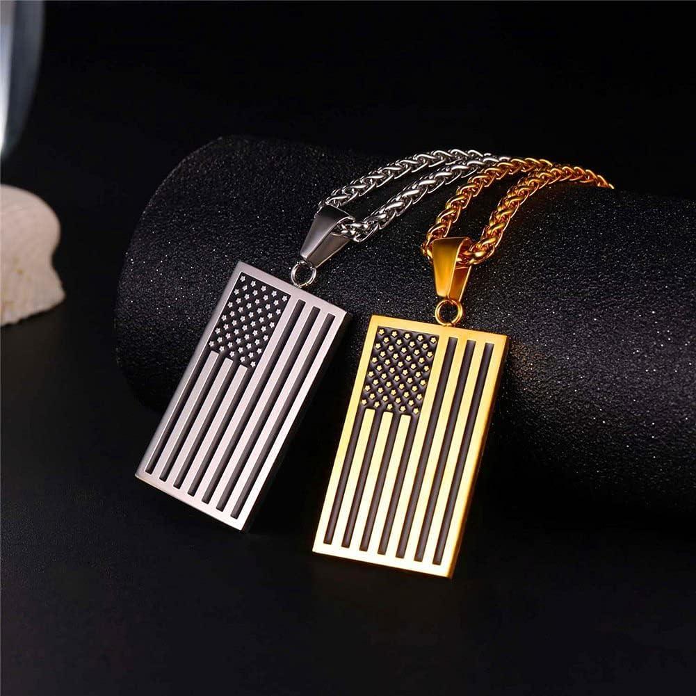 imageIndependance Day Necklace Stainless Steel Wheat Chain Personalized US 4th of July Flag Dog Tags Pendant for Men Women