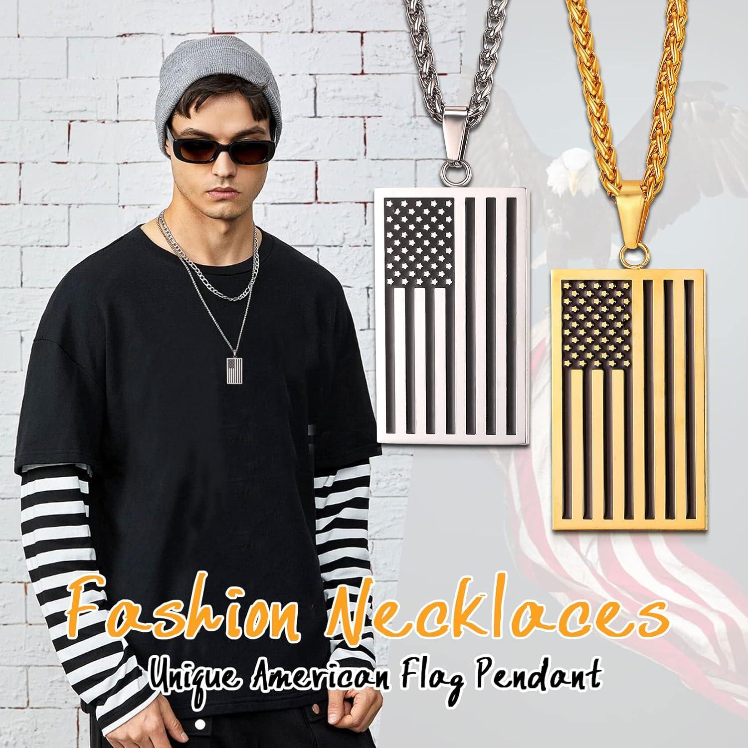 imageIndependance Day Necklace Stainless Steel Wheat Chain Personalized US 4th of July Flag Dog Tags Pendant for Men Women