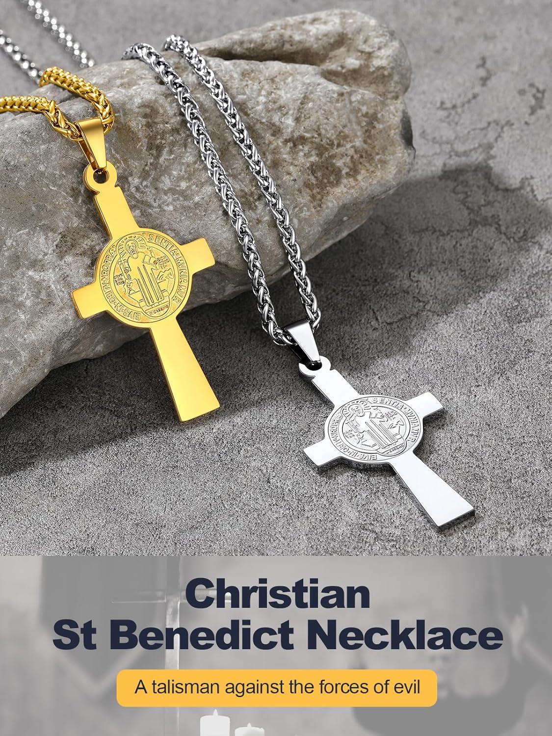 imageU7 Catholic Gift Jewelry Saint St Benedict Medal Rosary Cross Pendant Necklace with Chain StainlessSteel Personalized Engraving