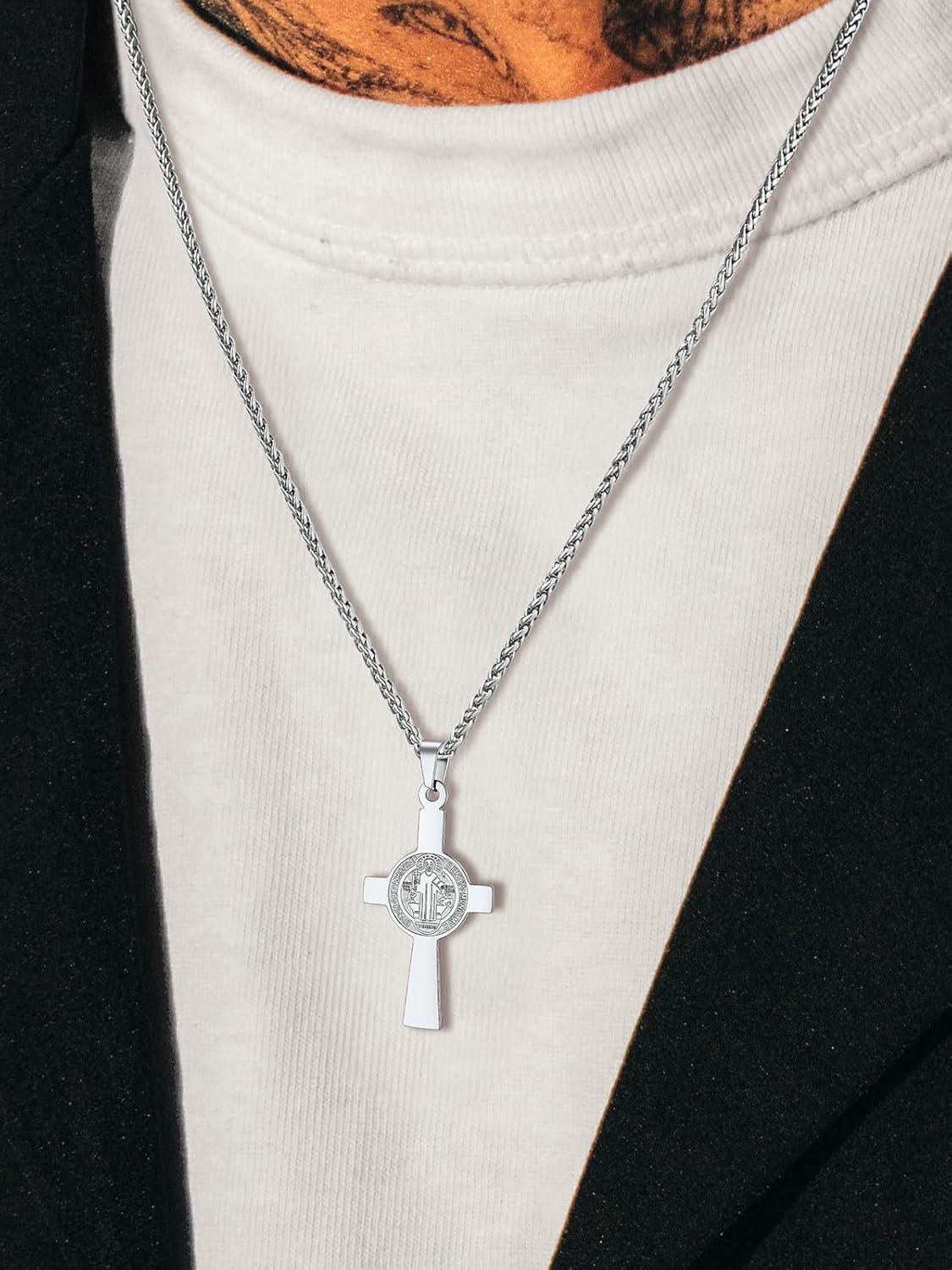 imageU7 Catholic Gift Jewelry Saint St Benedict Medal Rosary Cross Pendant Necklace with Chain StainlessSteel Personalized Engraving