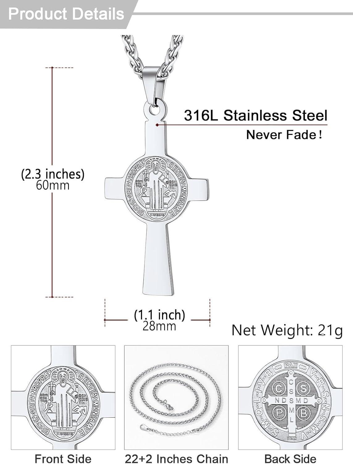 imageU7 Catholic Gift Jewelry Saint St Benedict Medal Rosary Cross Pendant Necklace with Chain StainlessSteel Personalized Engraving