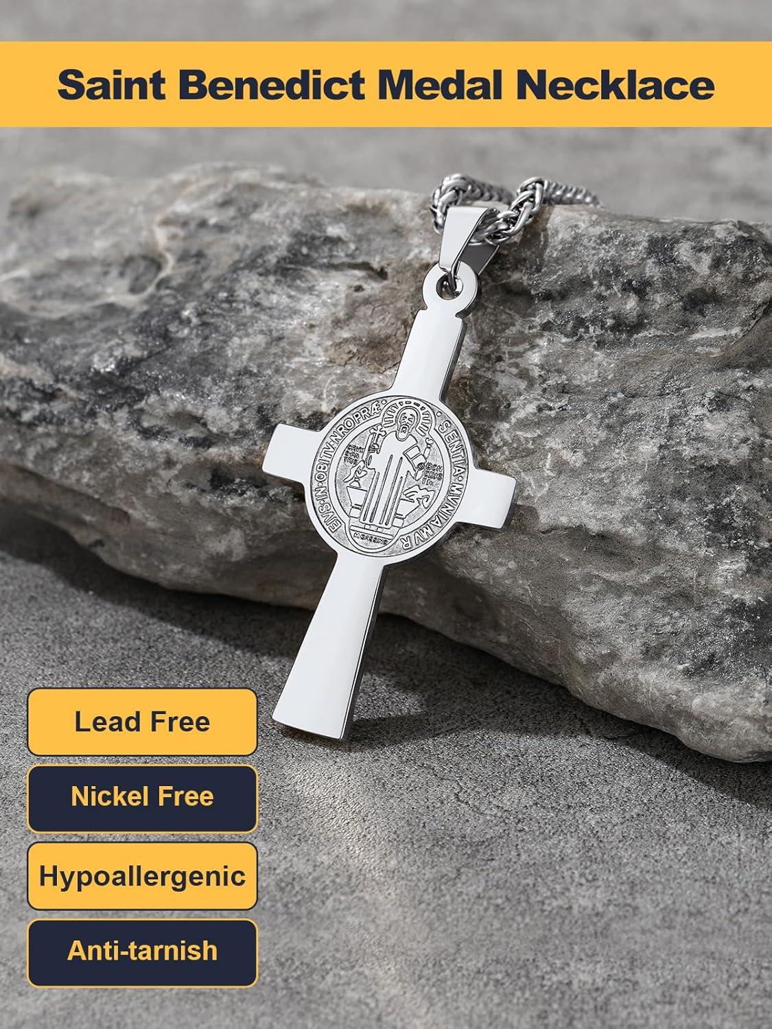 imageU7 Catholic Gift Jewelry Saint St Benedict Medal Rosary Cross Pendant Necklace with Chain StainlessSteel Personalized Engraving