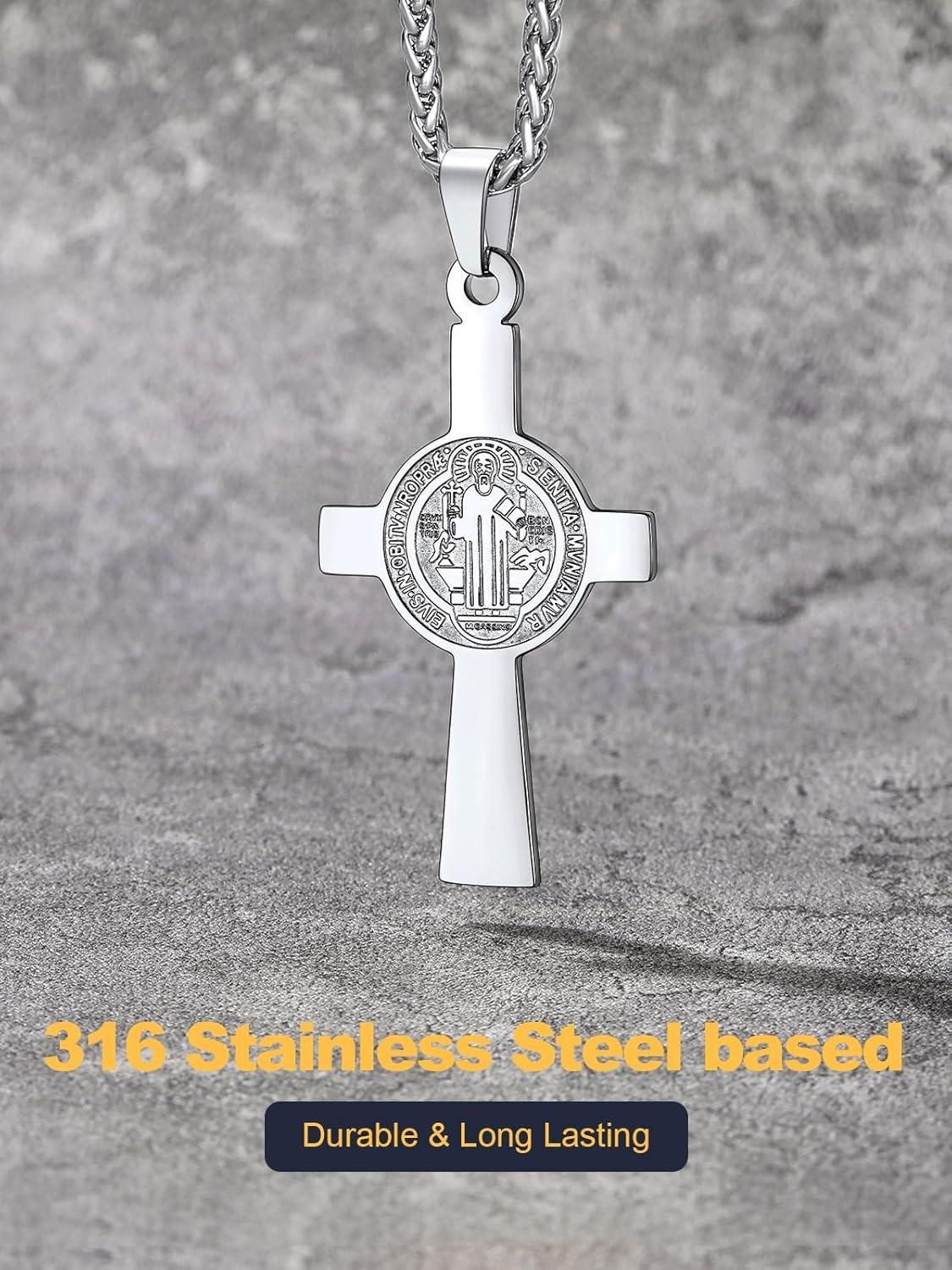 imageU7 Catholic Gift Jewelry Saint St Benedict Medal Rosary Cross Pendant Necklace with Chain StainlessSteel Personalized Engraving