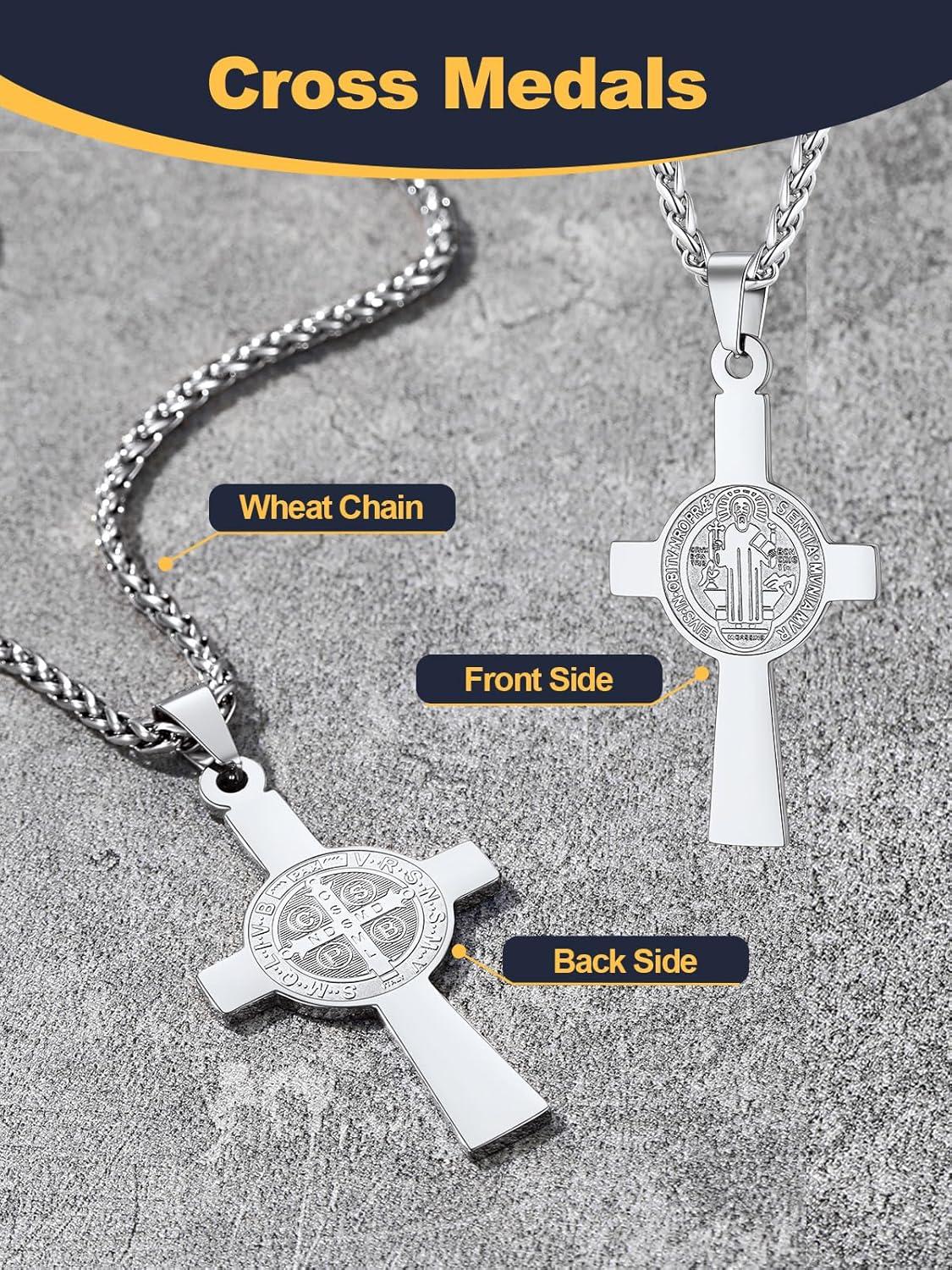 imageU7 Catholic Gift Jewelry Saint St Benedict Medal Rosary Cross Pendant Necklace with Chain StainlessSteel Personalized Engraving