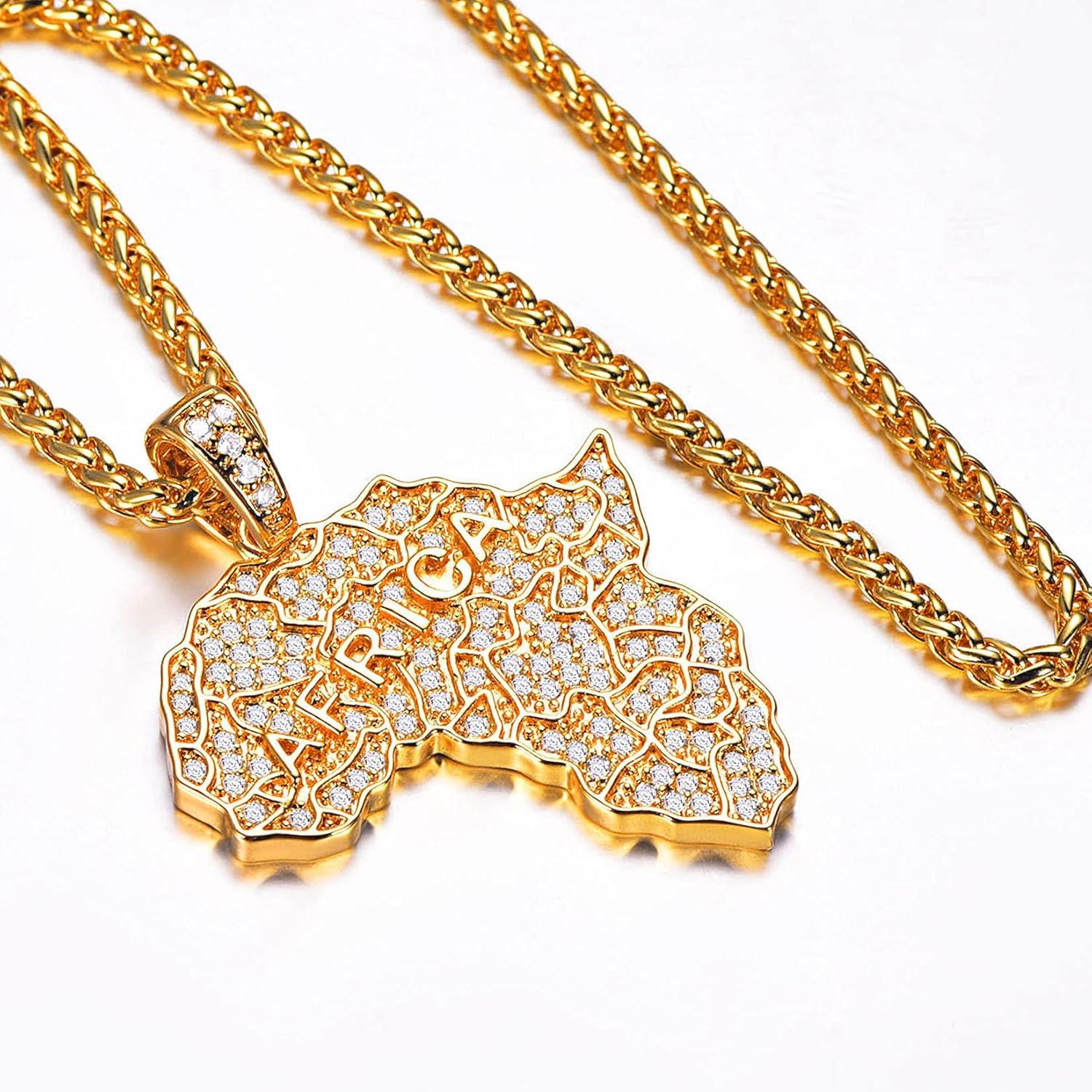 imageU7 Men 18K Gold Plated AfricanJewelry 22 Inch Hip Hop CZ Iced Out Pendant Africa Map Necklace
