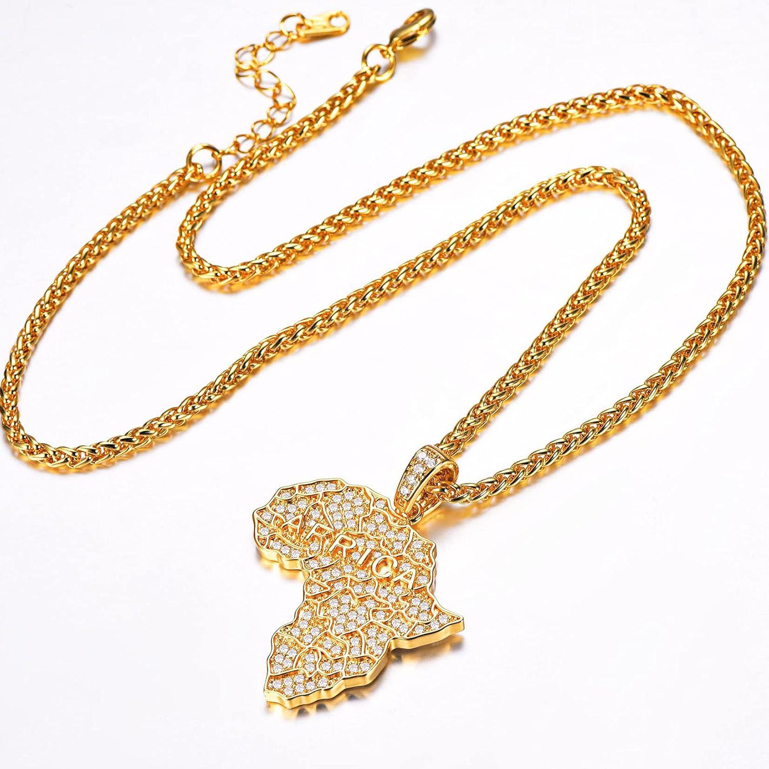 imageU7 Men 18K Gold Plated AfricanJewelry 22 Inch Hip Hop CZ Iced Out Pendant Africa Map Necklace