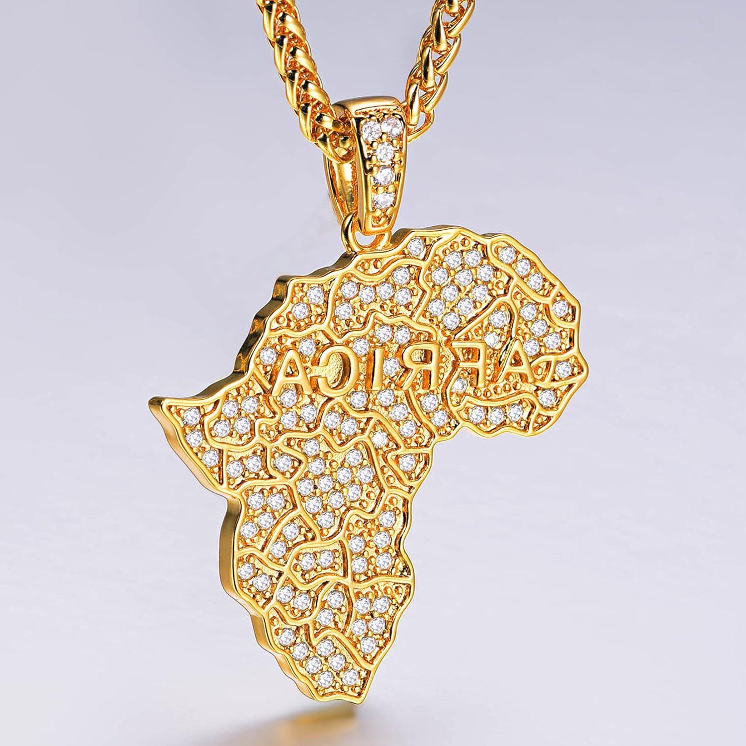 imageU7 Men 18K Gold Plated AfricanJewelry 22 Inch Hip Hop CZ Iced Out Pendant Africa Map Necklace