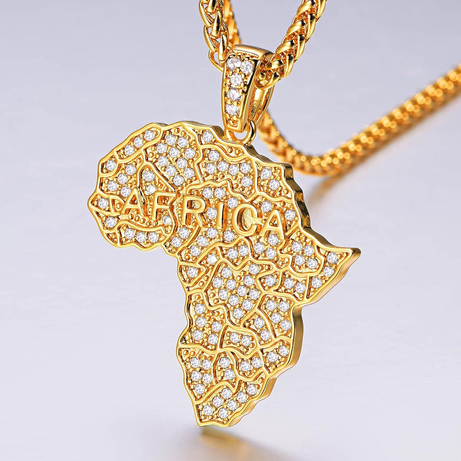 imageU7 Men 18K Gold Plated AfricanJewelry 22 Inch Hip Hop CZ Iced Out Pendant Africa Map Necklace