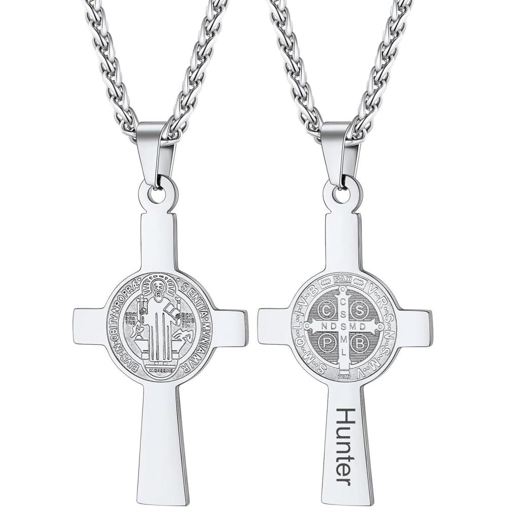 imageU7 Catholic Gift Jewelry Saint St Benedict Medal Rosary Cross Pendant Necklace with Chain StainlessSteel Personalized Engraving