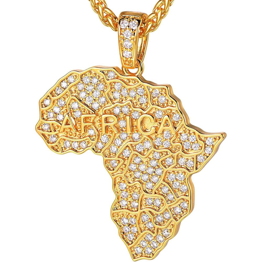 imageU7 Men 18K Gold Plated AfricanJewelry 22 Inch Hip Hop CZ Iced Out Pendant Africa Map Necklace