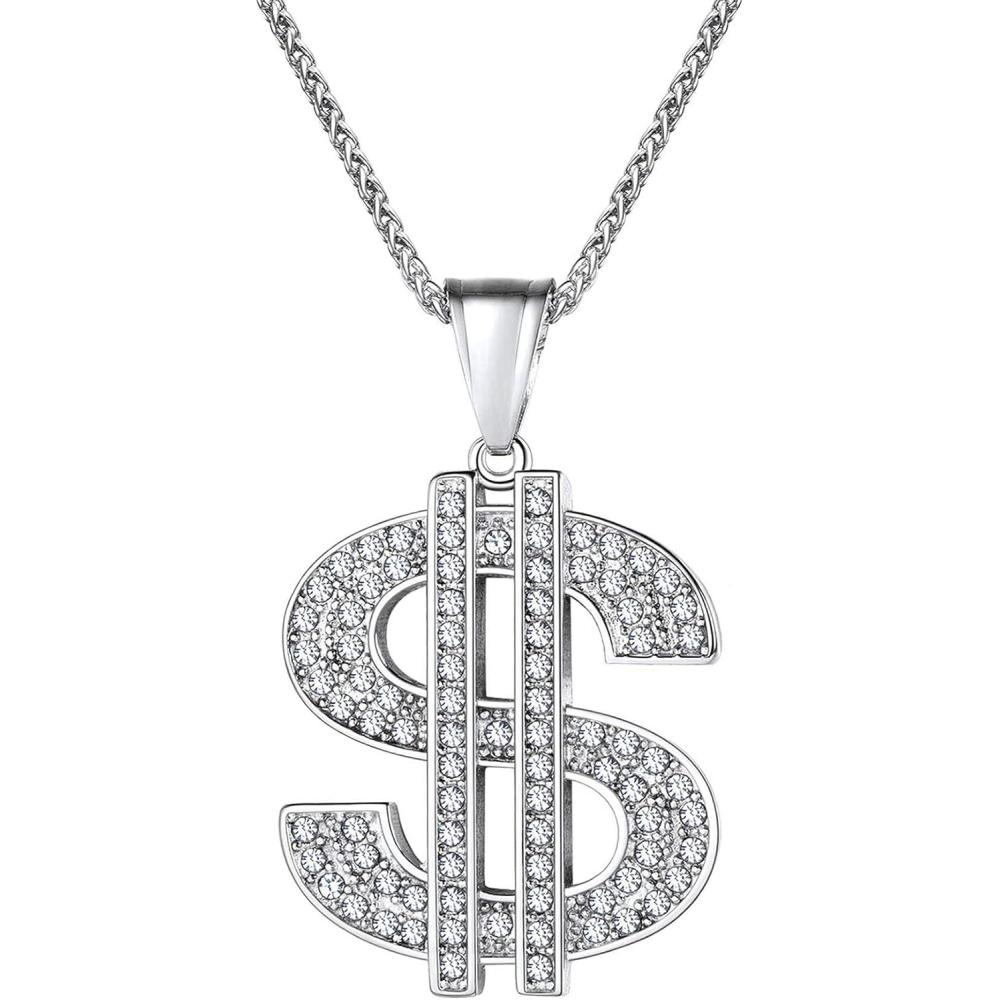 imageU7 Mens Dollar Sign Pendant Necklace Stainlss Steel Rhinestone Inlay Hip Hop Jewelry with 22 Inch Chain