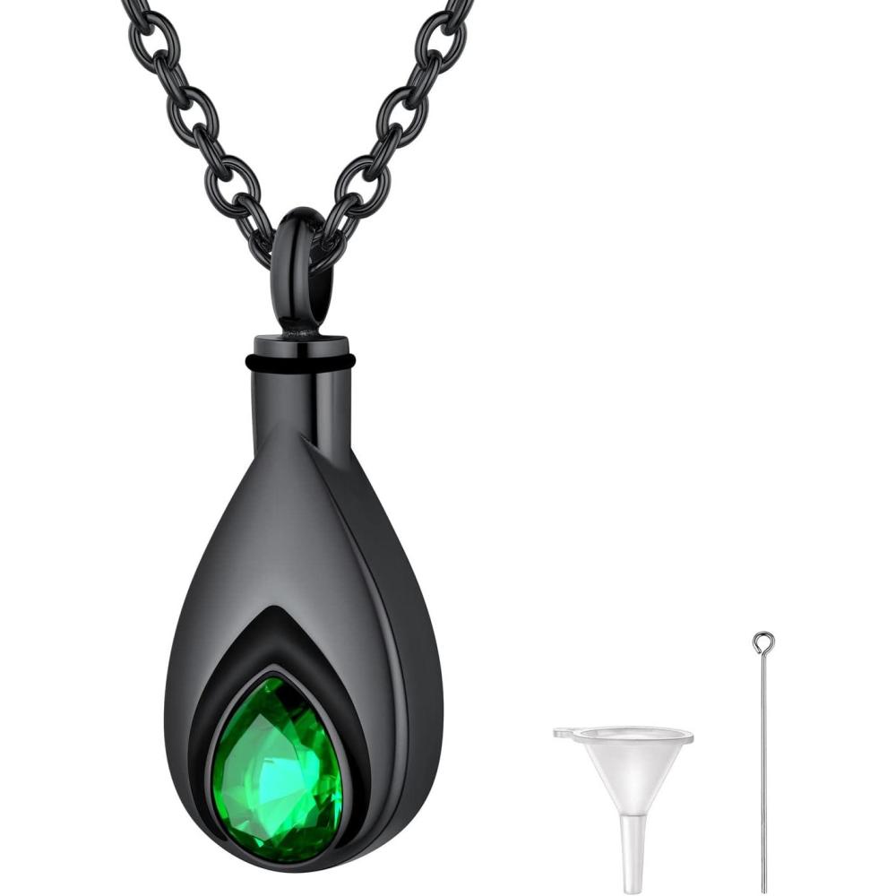 imageU7 Urn Necklace for Ashes Stainless SteelBlack18K Gold Plated Locket Pendant Elegant Teardrop Necklaces with Birthstone Gift for Men Women