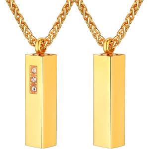 4D Vertical Bar Necklace 18K Gold Plated Stainless Steel Wheat Chain 22″ Rhinestone Inlaid Personalized Ashes Urn Pendant Necklace Cremation Jewelry for Men Women