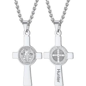 U7 Catholic Gift Jewelry Saint St Benedict Medal Rosary Cross Pendant Necklace with Chain (Stainless-Steel (Personalized Engraving))