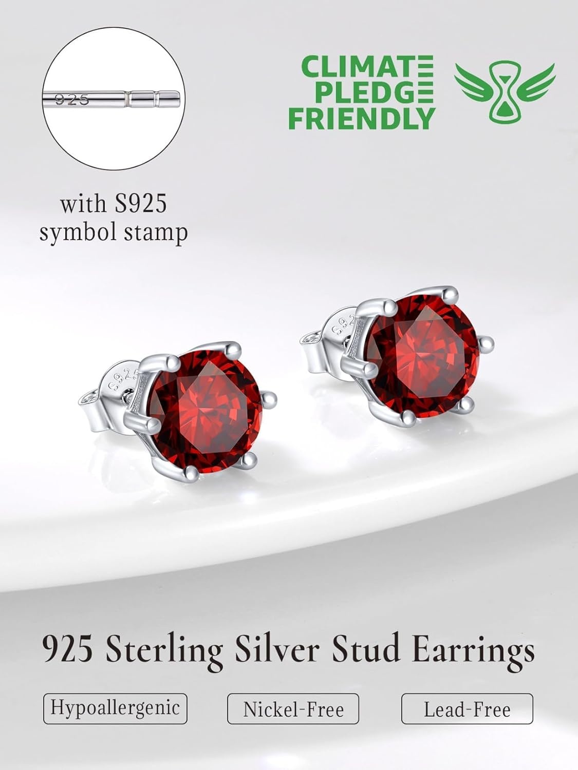 imageSILVERCUTE 925 Sterling Silver 2ct Birthstone Stud EarringsHypoallergenic RoundHeartSquare Birthstone Earrings for Women Birthday Christmas Jewelry01JanuaryGarnetRound