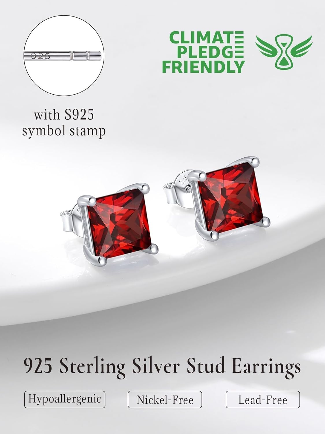 imageSILVERCUTE 925 Sterling Silver 2ct Birthstone Stud EarringsHypoallergenic RoundHeartSquare Birthstone Earrings for Women Birthday Christmas Jewelry01JanuaryGarnetSquare