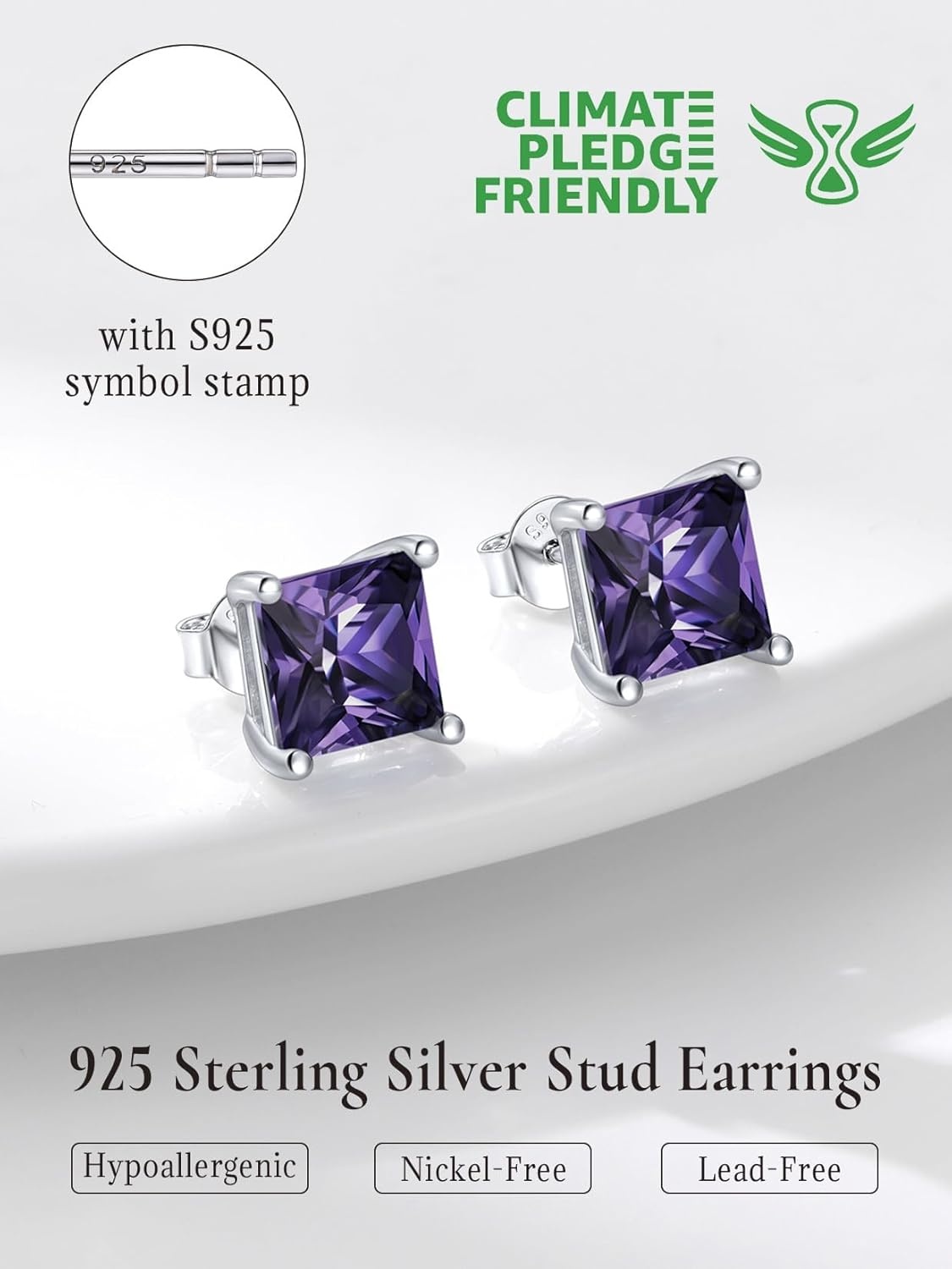 imageSILVERCUTE 925 Sterling Silver 2ct Birthstone Stud EarringsHypoallergenic RoundHeartSquare Birthstone Earrings for Women Birthday Christmas Jewelry02FebruaryAmethystSquare