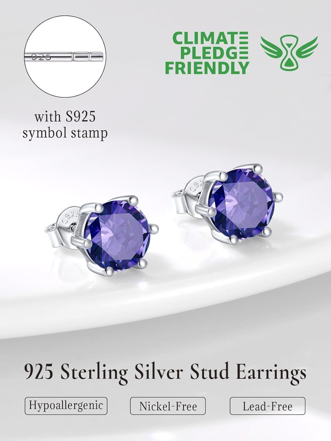 imageSILVERCUTE 925 Sterling Silver 2ct Birthstone Stud EarringsHypoallergenic RoundHeartSquare Birthstone Earrings for Women Birthday Christmas Jewelry02FebruaryAmethystRound
