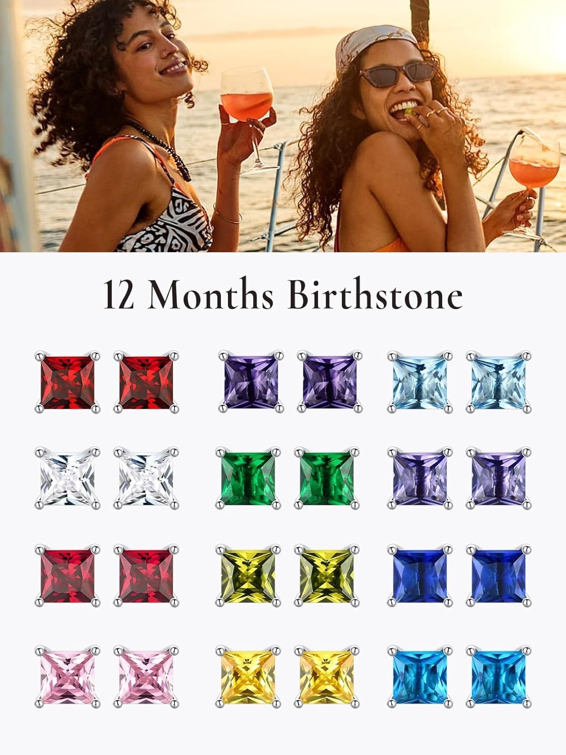 imageSILVERCUTE 925 Sterling Silver 2ct Birthstone Stud EarringsHypoallergenic RoundHeartSquare Birthstone Earrings for Women Birthday Christmas Jewelry03MarchAquamarineSquare