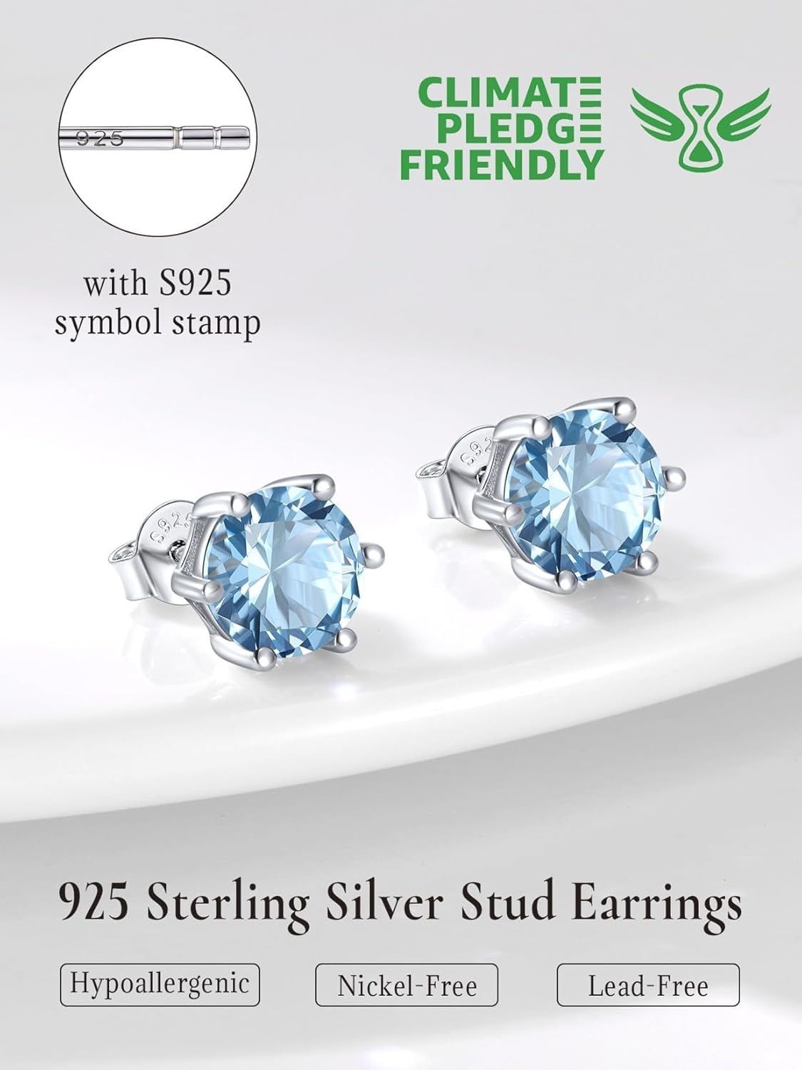 imageSILVERCUTE 925 Sterling Silver 2ct Birthstone Stud EarringsHypoallergenic RoundHeartSquare Birthstone Earrings for Women Birthday Christmas Jewelry03MarchAquamarineRound