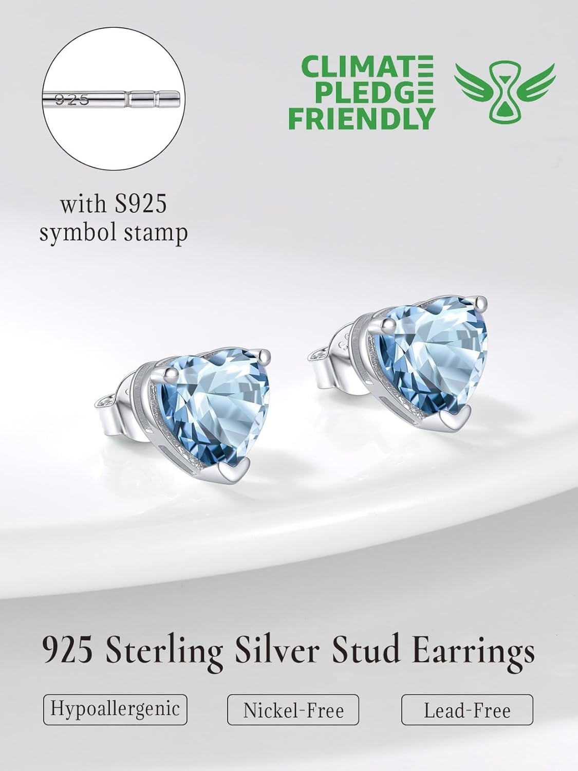 imageSILVERCUTE 925 Sterling Silver 2ct Birthstone Stud EarringsHypoallergenic RoundHeartSquare Birthstone Earrings for Women Birthday Christmas Jewelry03MarchAquamarineHeart