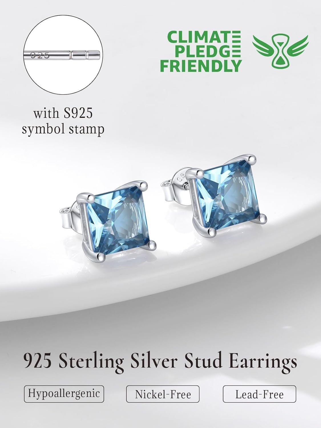 imageSILVERCUTE 925 Sterling Silver 2ct Birthstone Stud EarringsHypoallergenic RoundHeartSquare Birthstone Earrings for Women Birthday Christmas Jewelry03MarchAquamarineSquare