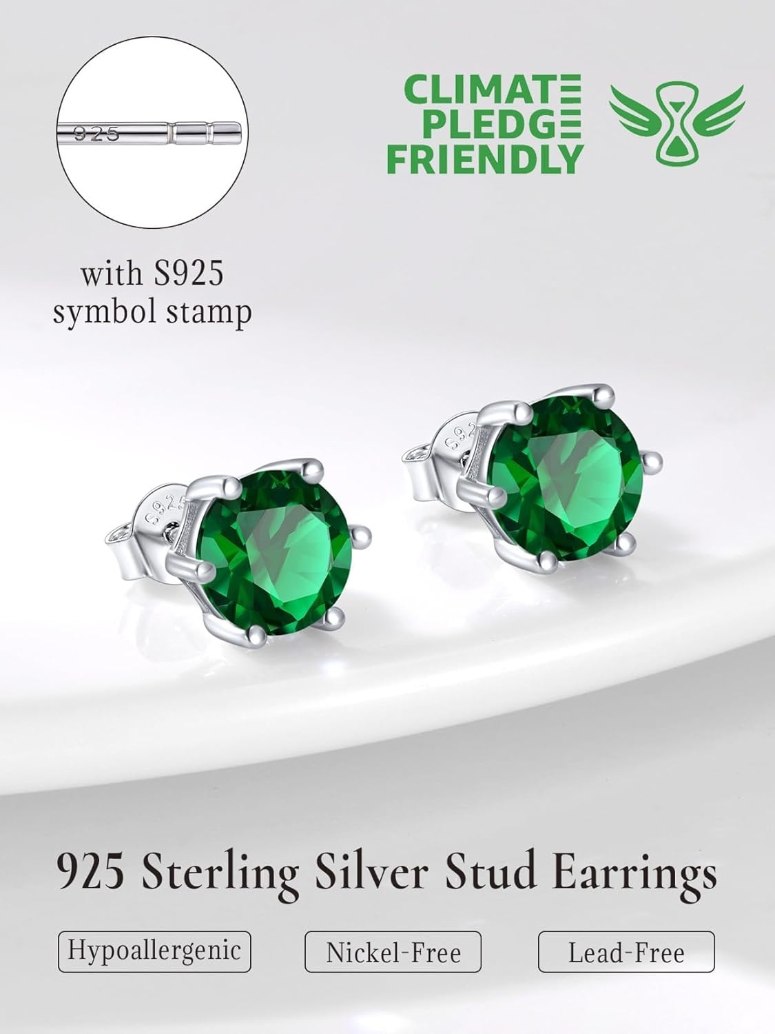 imageSILVERCUTE 925 Sterling Silver 2ct Birthstone Stud EarringsHypoallergenic RoundHeartSquare Birthstone Earrings for Women Birthday Christmas Jewelry05MayEmeraldRound