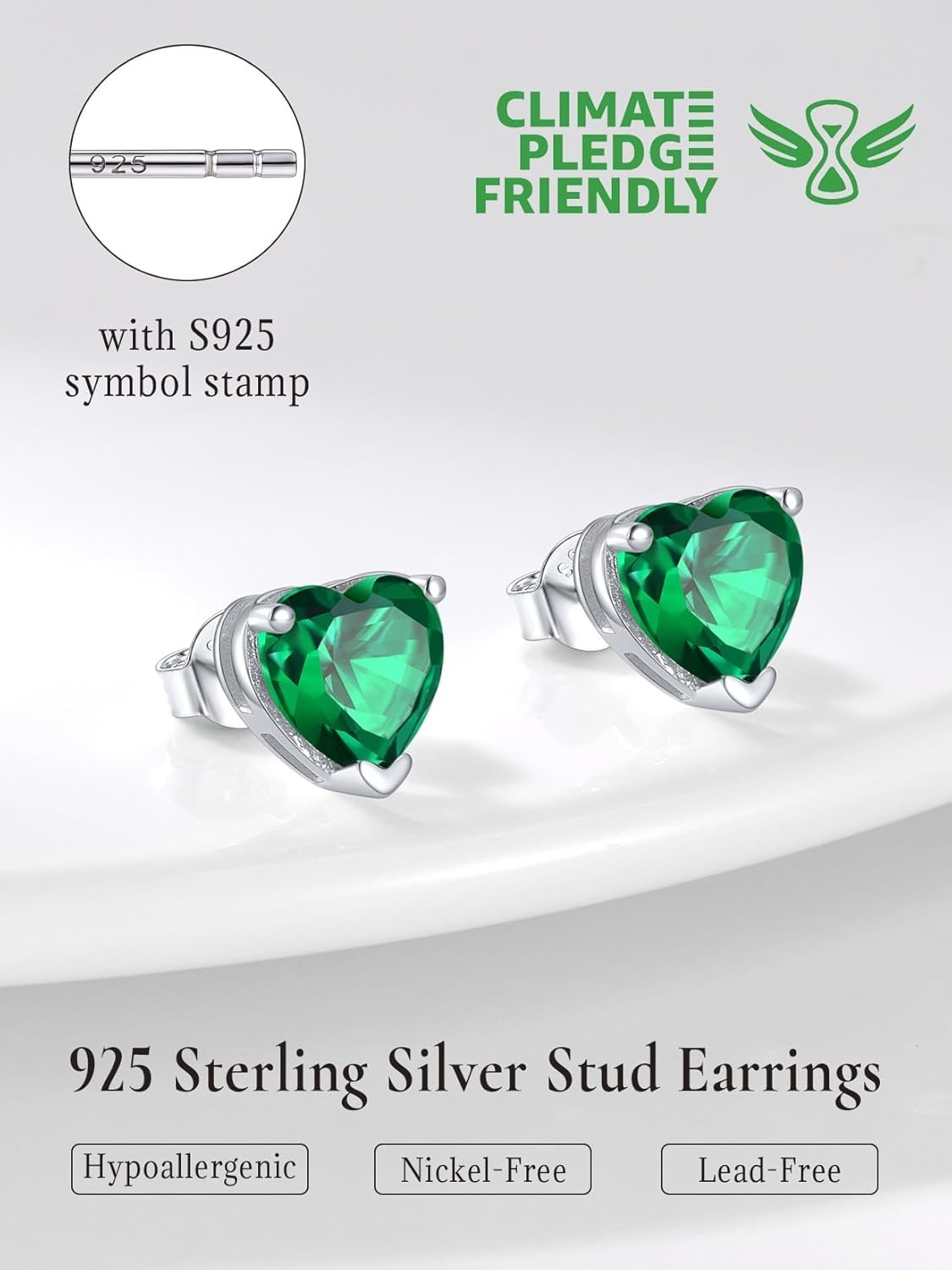 imageSILVERCUTE 925 Sterling Silver 2ct Birthstone Stud EarringsHypoallergenic RoundHeartSquare Birthstone Earrings for Women Birthday Christmas Jewelry05MayEmeraldHeart