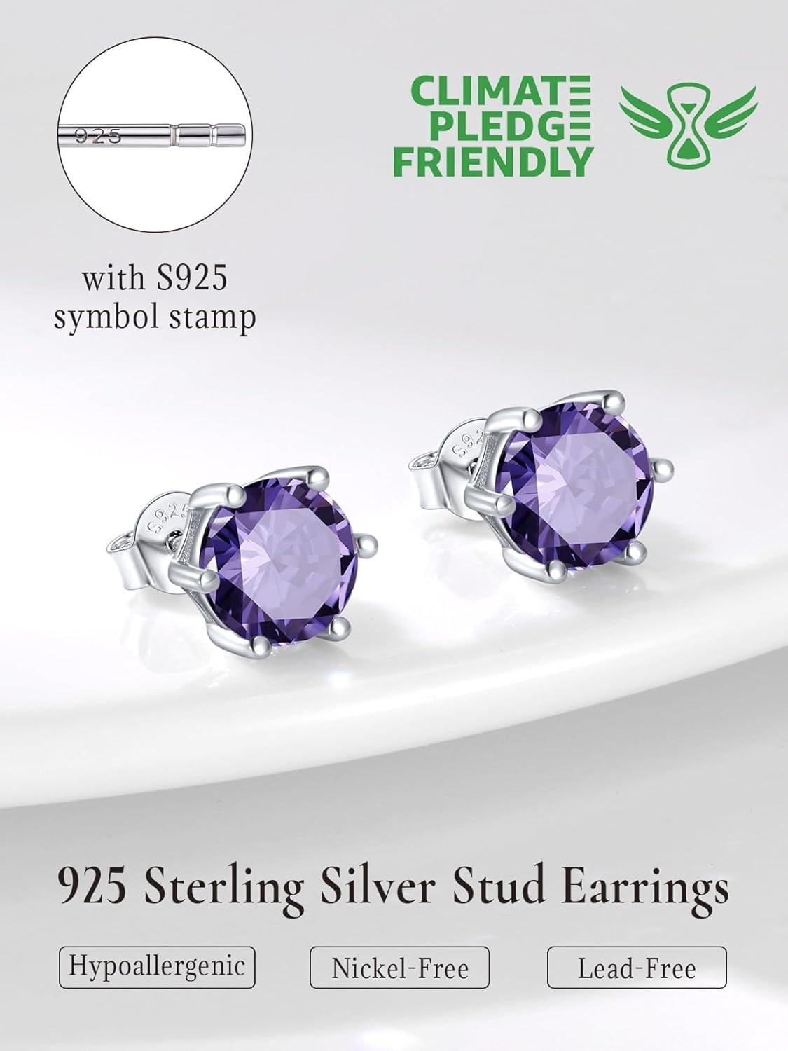 imageSILVERCUTE 925 Sterling Silver 2ct Birthstone Stud EarringsHypoallergenic RoundHeartSquare Birthstone Earrings for Women Birthday Christmas Jewelry06JuneAlexandriteRound